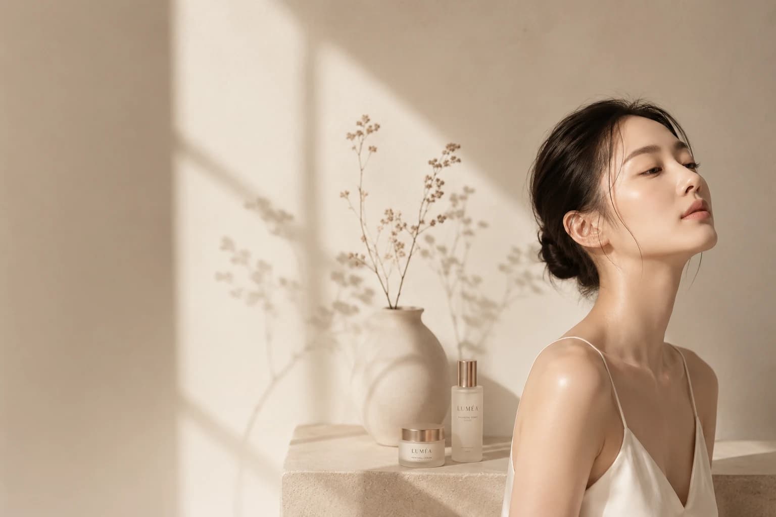 자연광이 스며드는 LUMÉA 스킨 케어 스튜디오의 에디토리얼 이미지